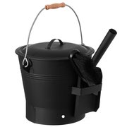 Gardenised Black Iron Ash Bucket with Lid and Wood Handle Brush Use for Fire Pit, Wood Burning Stove and Grill QI004552